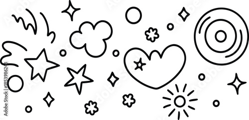 Black and white line drawing of celestial and heart symbols