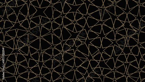 Gold geometric star pattern on black background.