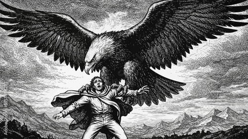 Man terrorized by giant eagle in vintage mountain landscape.