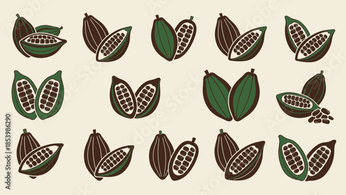Seamless pattern of stylized cocoa pods with beans.