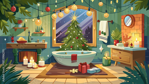 Christmas bathroom decor with candles, pine branches, festive towels, and spa-like cozy winter atmosphere