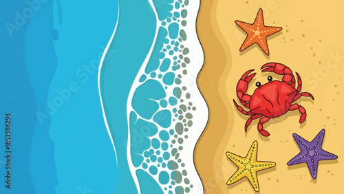 A crab and starfishes on a sandy beach with waves.