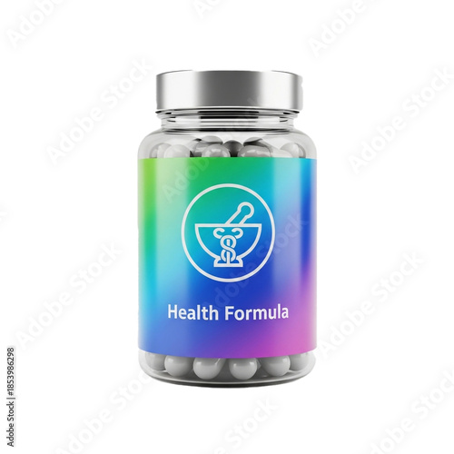 Health Formula Supplement Bottle with Colorful Label and Capsules Inside.