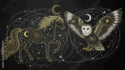 Celestial horse and owl with constellations in starry night sky