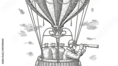 Man in hot air balloon basket with spyglass.