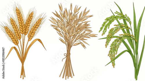 Illustration of wheat, oat, and rice stalks