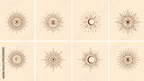 Set of celestial mystical symbols with eyes and moons in sunbursts