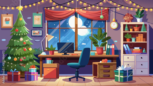 Christmas home office decorated with subtle festive elements, mini tree, string lights, and cozy winter working environment