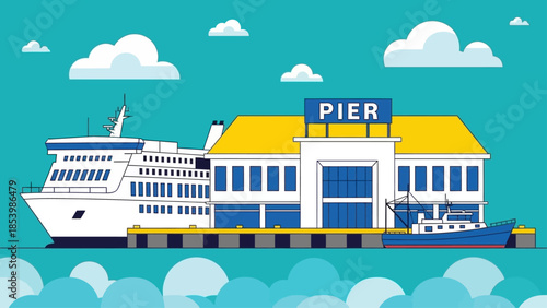 Illustration of a pier with ships and a ferry boat.