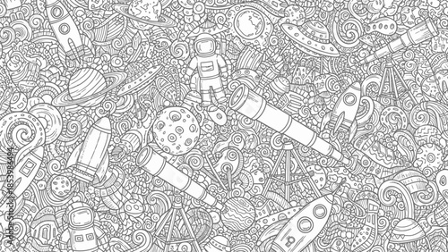 Whimsical doodle pattern of space exploration with astronauts, rockets, and planets.