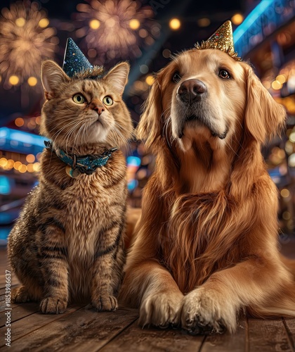 Luxury New Year yacht party at night, pets only, dogs and cats on deck wearing festive accessories, city skyline and fireworks in background,