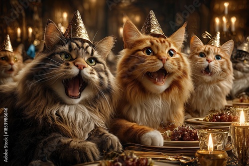 Elegant New Year dinner party for cats, long table with decorations, cats laughing, raising paws, candles and lights glowing, metallic party hats, refined festive mood