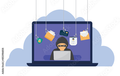 Phishing scam concept. Fraud protection, password steal, data phishing. Hacker, scammer trying to steal confidential data