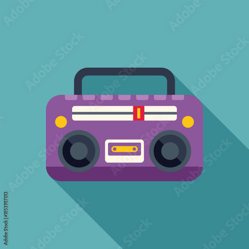 Purple boombox with radio tuner and cassette player, playing music on a teal background