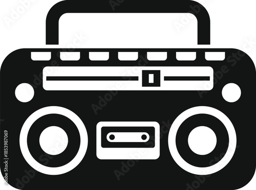 Black and white illustration of a portable cassette player playing music, featuring a radio tuner and prominent speakers