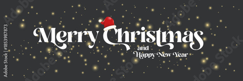 Merry Christmas and Happy New Year banner design template with Christmas lights and greeting text . Cartoon Happy Holidays day poster, wide banner, card, background, banner, label png with quote