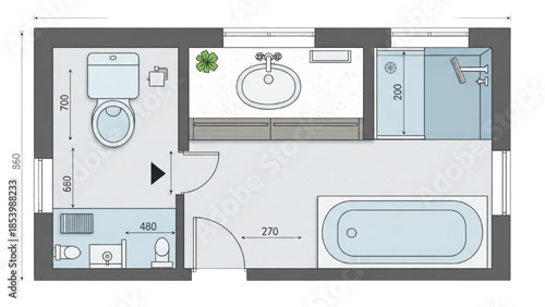 A detailed floor plan illustration of a modern small apartment layout with precise room dimensions and furniture