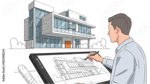 Man Designing Modern Building Architecture with Detailed Blueprints on Digital Tablet