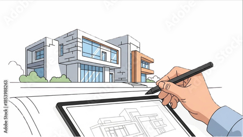 Hand drawing modern house illustration on digital tablet