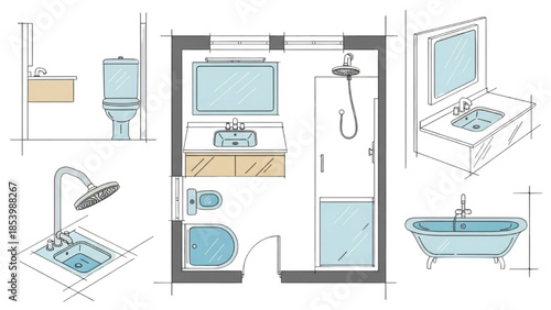 Detailed architectural illustration of a modern bathroom layout featuring sink, toilet, shower, and bathtub in a compact space