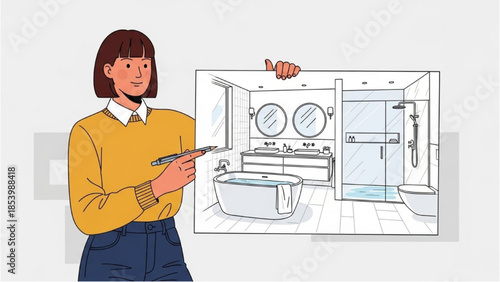 Woman designing bathroom interior with digital tablet and blueprint display