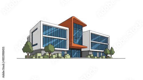 Modern office building with sleek architecture and lush surroundings viewed from the front