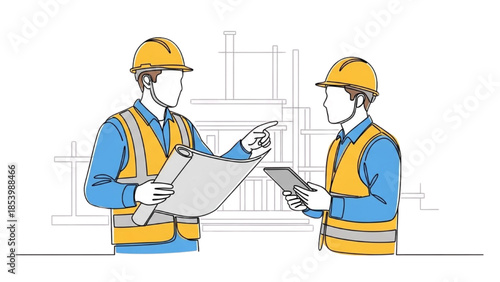 Two workers in safety vests and helmets examining documents at an industrial site