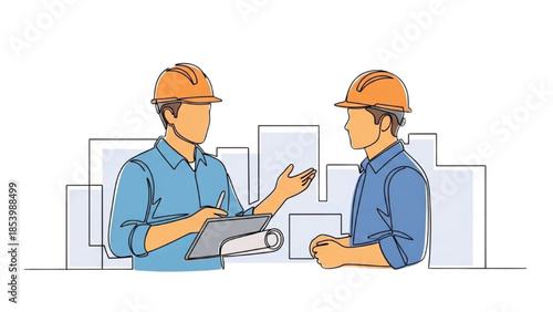 Two construction workers discussing plans in front of a cityscape