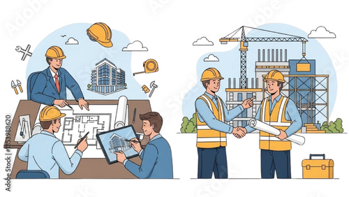 Construction team collaborating on building project plans and inspecting site