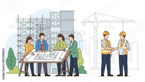 Construction team reviewing building plans on site with scaffolding and crane in the background