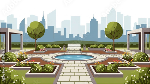 A serene garden scene with a central fountain, surrounded by lush greenery and vibrant flowers, set against a cityscape backdrop.