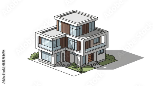 Modern multi-story house with sleek design and lush greenery surroundings viewed from an angle