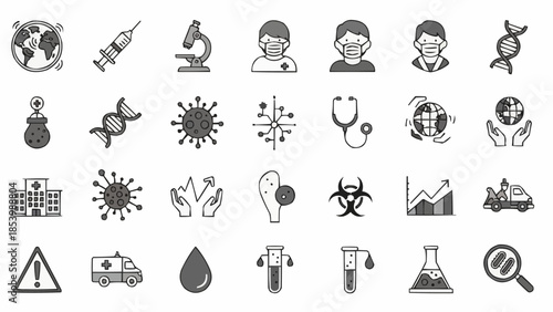 Collection of Medical and Science Icons Representing Health and Research.