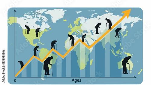 Global Aging Population Trend Depicted by Silhouettes on a Graph.