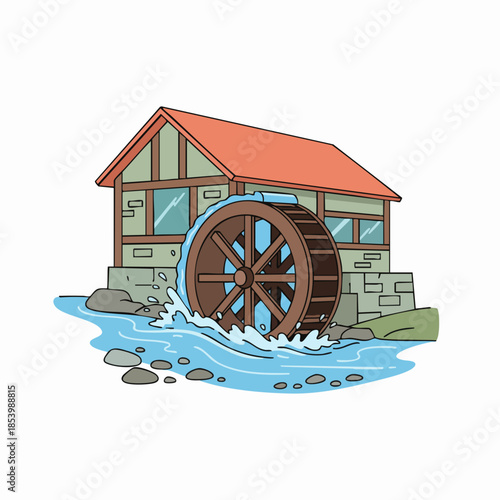 Cartoon line art drawing of a classic water mill on a stream.