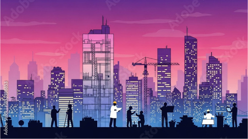 Cityscape illustration of construction workers at dusk with crane and skyscrapers