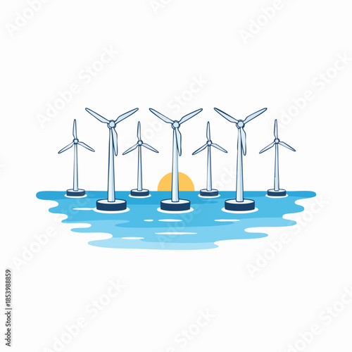 Clean energy wind turbines stand in the blue ocean.