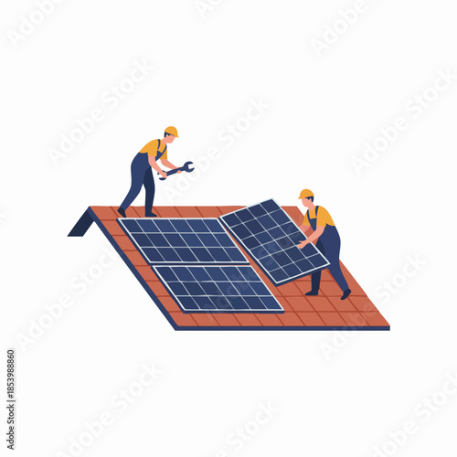Workers install solar panels on a house roof.