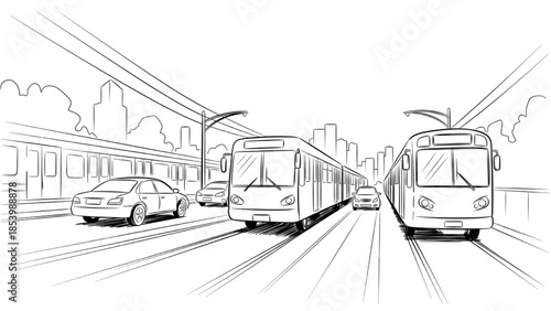 Trams moving on parallel tracks viewed from the front in a cityscape with vehicles and buildings