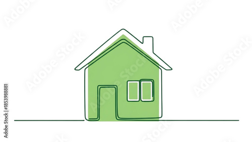 Simple green house illustration with a door and window outlined in white on a plain background