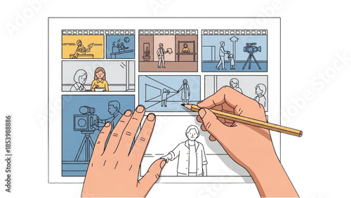 Artist's hands sketching a storyboard with pencil on paper featuring various scenes