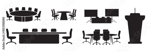 Conference Room Furniture Silhouettes, Meeting Tables, Chairs and Podium Vector Set.