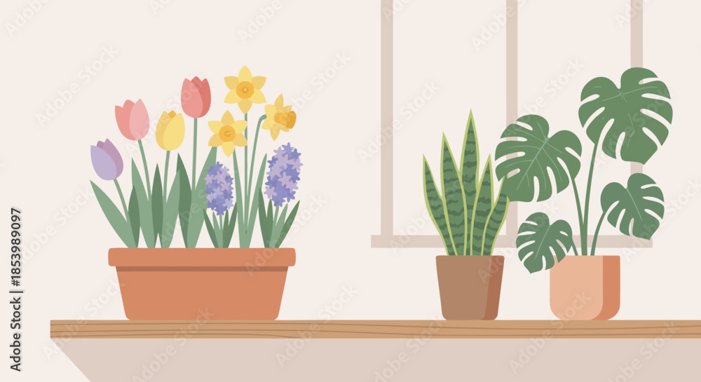 Fototapeta premium Potted Plants on Shelf Interior Illustration