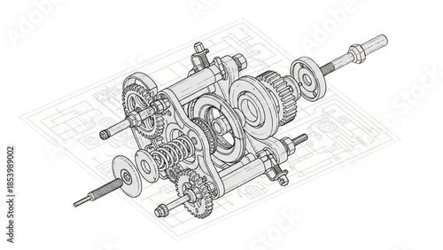 Technical drawing of a complex mechanical gear system with interconnected components and axles