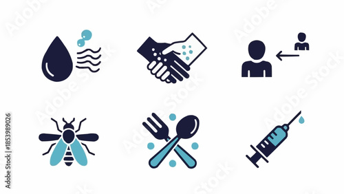 Collection of Icons Representing Disease Transmission Methods and Prevention.