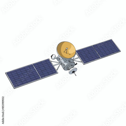 Space satellite illustration with solar panels and dish.