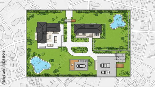 Aerial view of a modern residential complex with lush greenery and water features