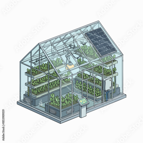 An isometric illustration of a smart indoor vertical farm.