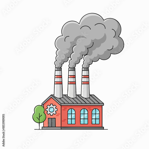 Industrial factory with three smokestacks releasing pollution.