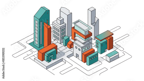 Isometric illustration of a modern cityscape with buildings and roads from an aerial viewpoint